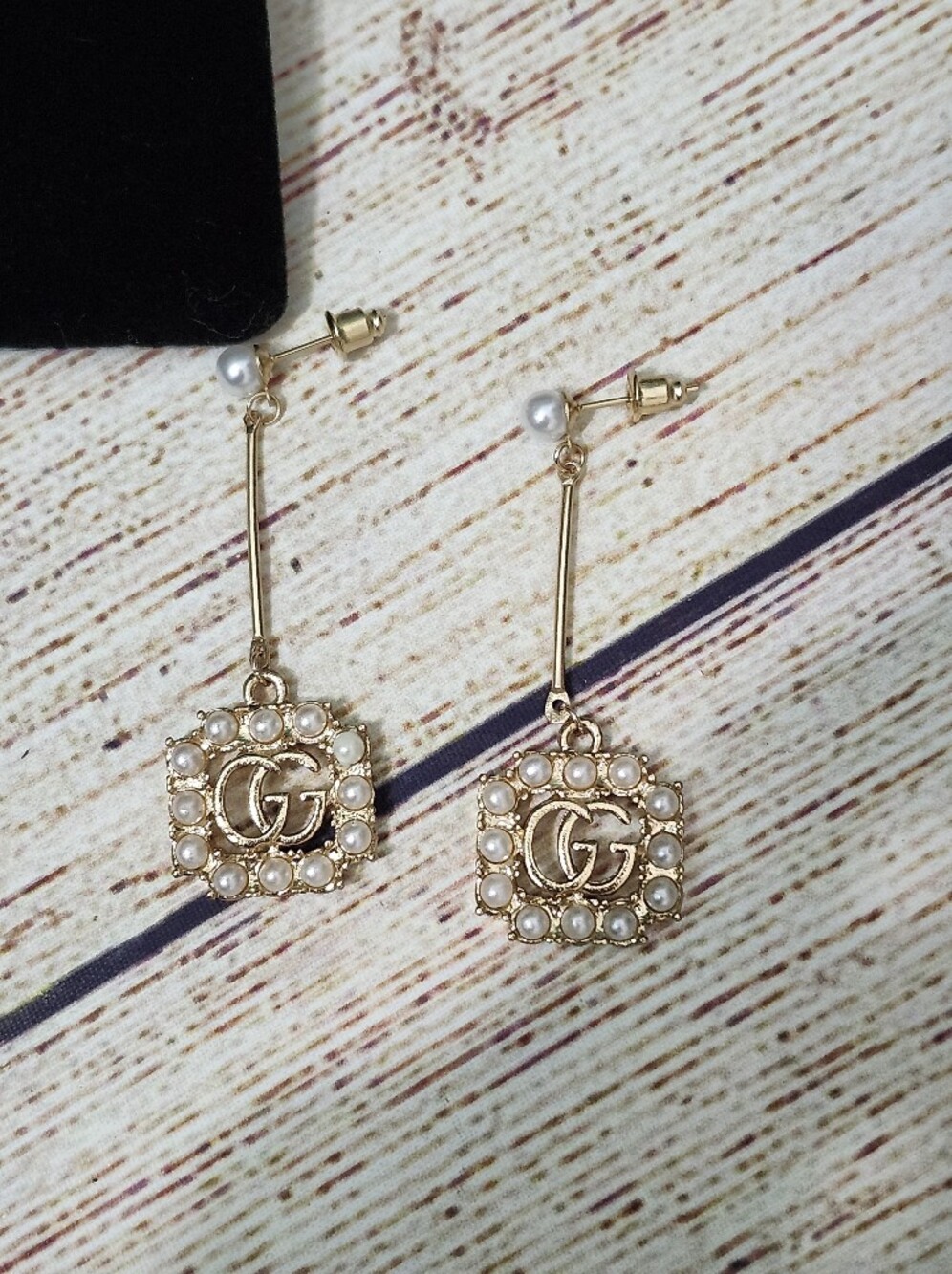 Gucci Gold-Tone Pearl Trim Double G Drop Earrings